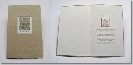 Poems by Brian Turner, handset and handprinted by Llewelyn Richards, woodcuts by Katy Buess